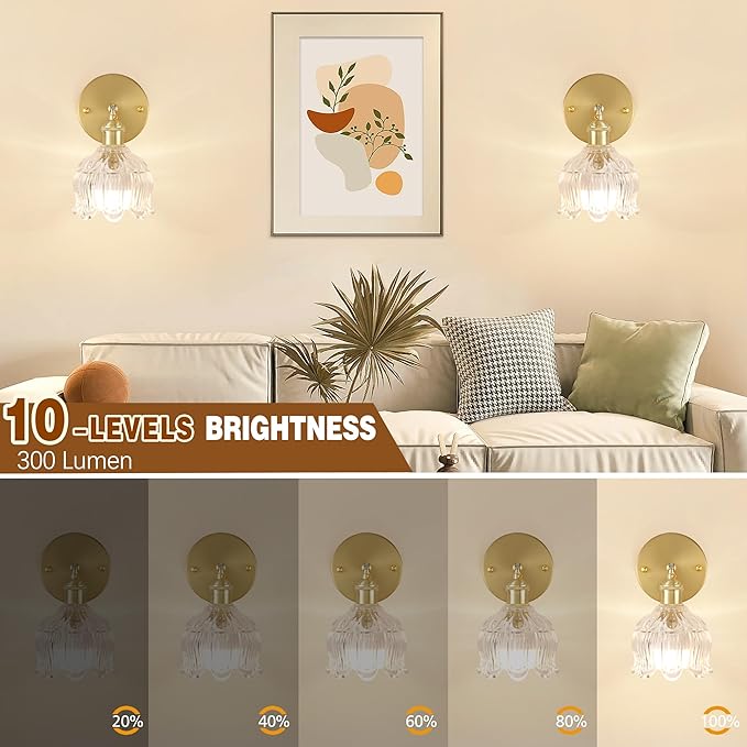 Wireless Wall Sconce with Flower lampshade, Battery Operated Wall Lights,Wall lamp with 15 Colors for Bedroom Living Room Home Decor (Clear, 2 Light Battery Operated)