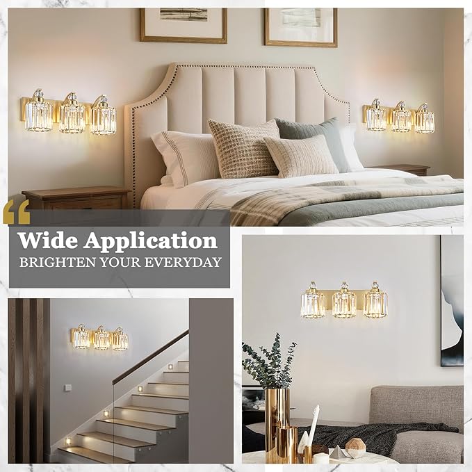 3-Lights Brushed Brass Bathroom Light Fixture Gold Vanity Lights Modern Crystal Bathroom Vanity Lighting Over Mirror Wall Sconce with K9 Crystal Shade E26 Base for Living Room, Bedroom Wall Lamp
