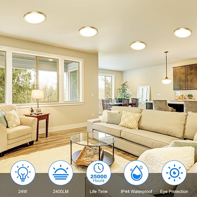 Peasur 7 Inch LED Ceiling Light Gold, Small 15W Slim Flush Mount Ceiling Light 3000K/4000K/6500K Adjustable, Modern Round Ceiling Lighting for Bedroom, Living Room, Kitchen 1Pack