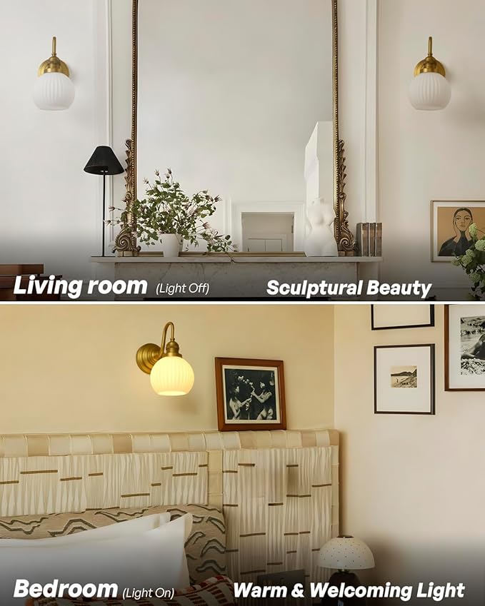 Milk Glass Wall Sconce Hardwired Bathroom Vanity Light with Striped Bowl Milk Glass Vintage Brass Wall Mounted Lights for Bathroom Mirror Living Room Bedroom Kitchen E26