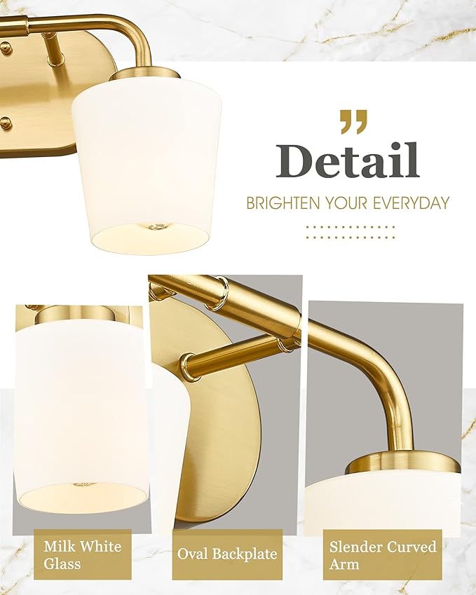 Brushed Gold Bathroom Vanity Light, Farmhouse Brass Sconces Wall Lighting with Milk White Glass, Champagne Bronze Light Fixture Over Mirror, AD-22004-2W-GD