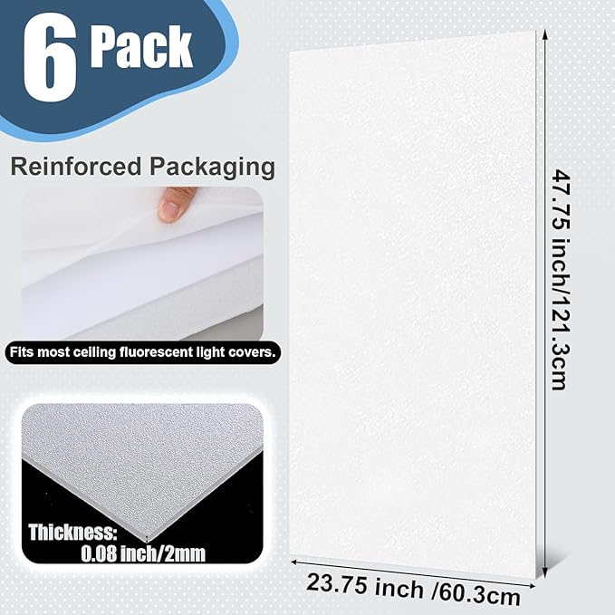 Pushglossy 6 Pack 23.75" x 47.75" x 0.08" Frosted Fluorescent Light Diffuser Panels, Translucent Polystyrene Sheet Replacement for 2x4ft Drop Ceiling Lights for Classroom Office Home