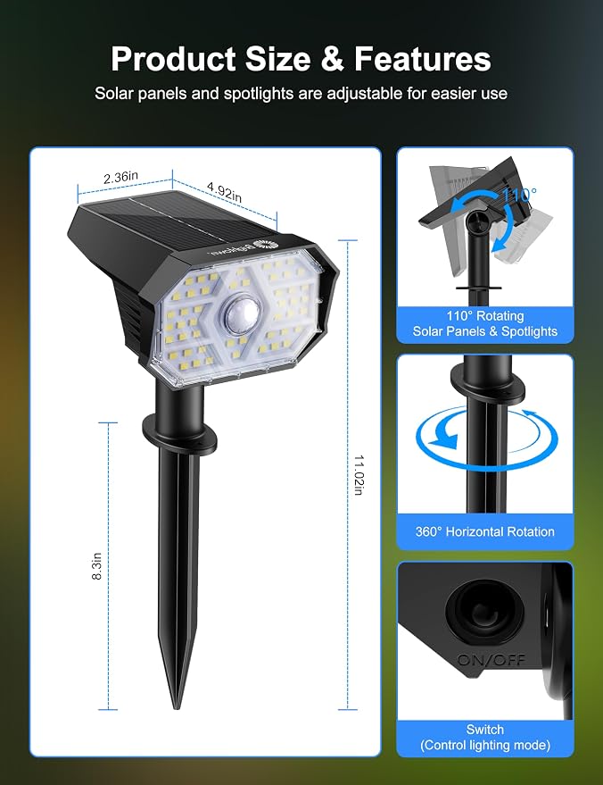 Brightown 6 Pack Solar Motion Lights Outdoor Waterproof, Motion Sensor Spot Lights- 58 LED/3 Modes Solar Powered Spotlights 2-in-1 Auto On/Off for Outside Yard Wall Garden, Cool White