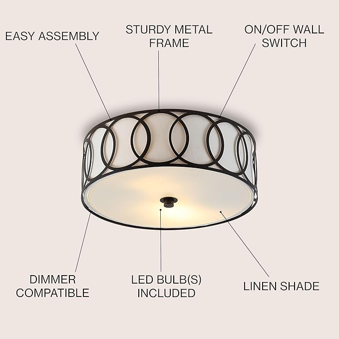 JONATHAN Y 12.25" Oil Rubbed Bronze 2-Light Modern Metal LED Flush Mount Ceiling Light for Bedroom Hallway, White Linen Drum Shade with Geometric Fretwork, LED Bulbs Included (JYL3502C)