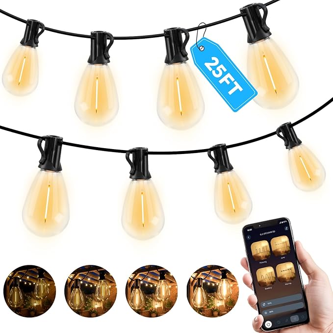GvvooHome 25FT Outdoor String Light with S11 Plastic Bulbs, Low-Voltage LED Patio Lights with App & Remote, Music Sync, 4 Lighting Modes, Dimmable & Waterproof for Backyard, Porch, Garden, Deck, Party