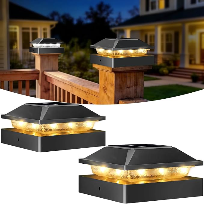 Peasur 4x4 Post Solar Lights 2 Pack, 2 Modes 16 LED Solar Post Cap Light Waterproof, Black Deck Fence Post Solar Lights Powered Outdoor, Fit 4x4 Wood/Vinyl Posts for Porch Patio