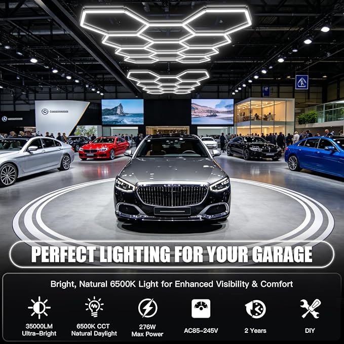 JTT Hexagon LED Garage Lights 736W 73600LM 6500K Super Bright Ceiling Shop Light for Basement Warehouse Gym Auto Beauty and Car Detailing