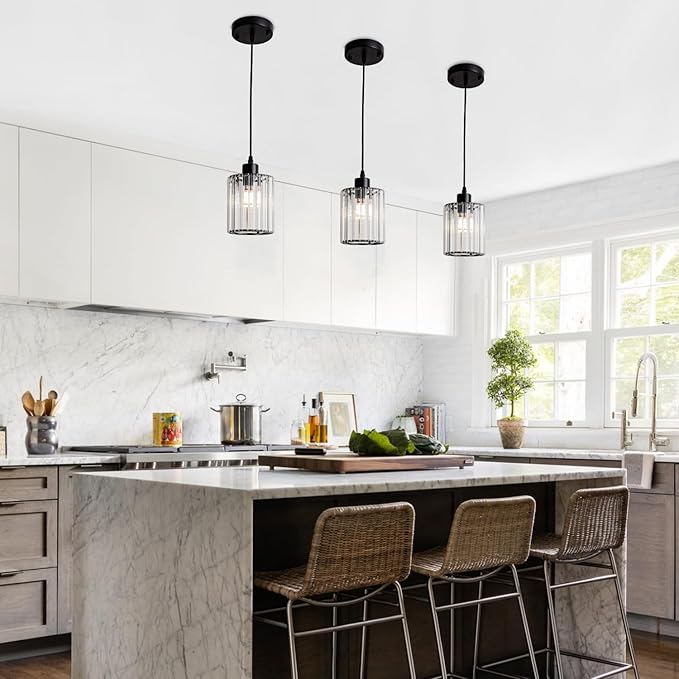 3 Pack Black Pendant Light, Modern Crystal Mini Chandeliers Farmhouse Vintage Rustic Pendant Lighting Fixtures for Kitchen Island Dining Room Bedroom