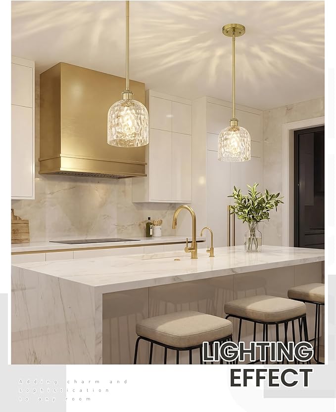 zeyu Vintage Glass Hanging Lights 2 Pack, Kitchen Pendant Lights, Ceiling Hanging Light Fixtures with Clear Hammered Glass, Brushed Gold Finish, ZJF63MIL-L-2PK BG
