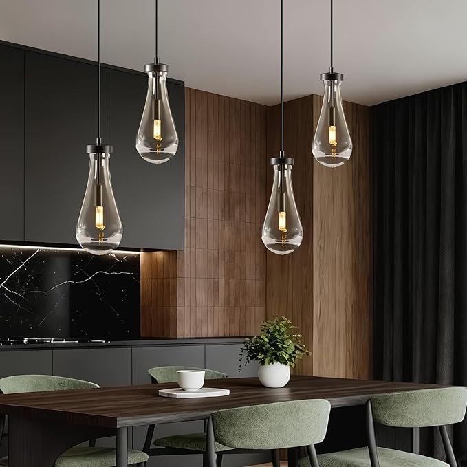 Raindrop Pendant Lights Kitchen Island: 2-Lights Black Crystal Teardrop Adjustable Height Pendant Light Fixtures over Dining Table - Modern Glass Rain Drop Ceiling Chandelier Bedroom Bathroom Lighting
