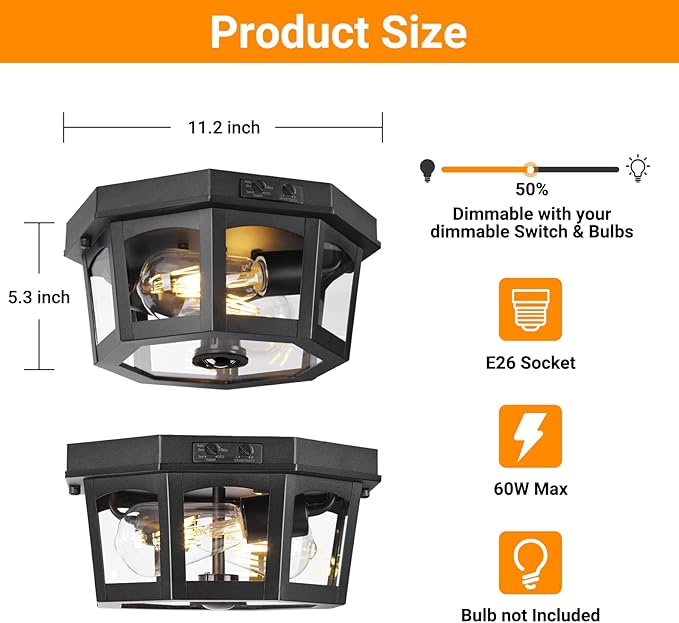 Outdoor Ceiling Light Fixture, Motion Sensor Flush Mount Porch Lights, Exterior Dusk to Dawn Lamp with Activated Detector, Modern Waterproof Lighting for Garage, Entryway, Patio, Front Door
