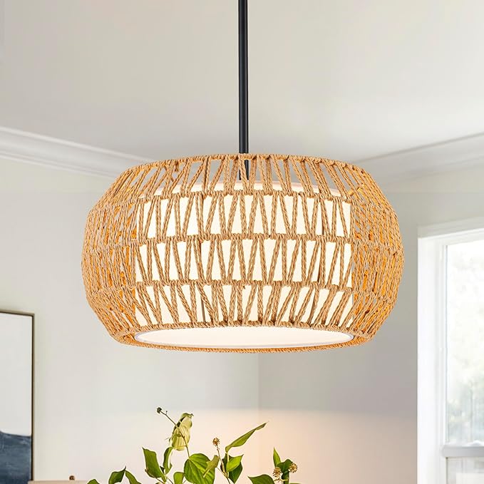 4-Light Farmhouse Rattan Chandelier,15.7'' Boho Hand Woven Drum Pendant Light Fixtures with Fabric Shade,Coastal Rattan Hanging Ceiling Lights for Kitchen Island,Dining Room,Living Room,Entryway,Foyer
