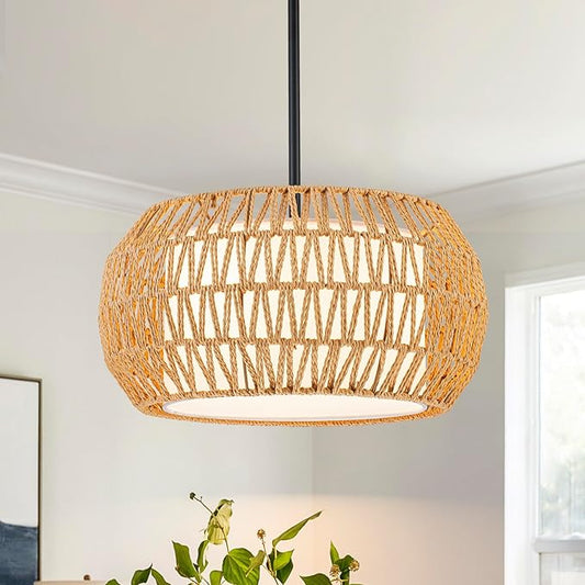 4-Light Farmhouse Rattan Chandelier,15.7'' Boho Hand Woven Drum Pendant Light Fixtures with Fabric Shade,Coastal Rattan Hanging Ceiling Lights for Kitchen Island,Dining Room,Living Room,Entryway,Foyer