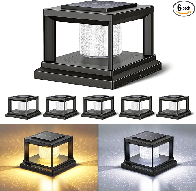 FOLKSMATE Solar Post Cap Lights 6 Pack, 2 Lighting Modes Cool/Warm White Outdoor Solar Powered, Waterproof Fence Deck Lights for 4×4 3.5×3.5 Wood Vinyl Posts, for Garden Patio Porch Decor, Black