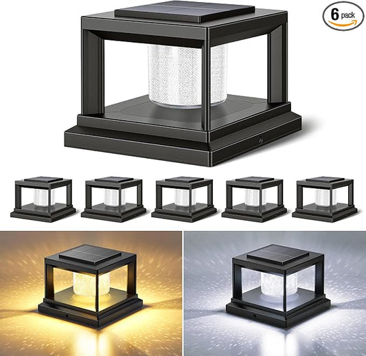 FOLKSMATE Solar Post Cap Lights 6 Pack, 2 Lighting Modes Cool/Warm White Outdoor Solar Powered, Waterproof Fence Deck Lights for 4×4 3.5×3.5 Wood Vinyl Posts, for Garden Patio Porch Decor, Black