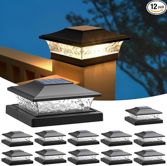 APONUO Solar Post Cap Lights 12 Pack for 4x4 5x5 6x6 Wood & Vinyl Fences - IP65 Waterproof, All-Night Auto On/Off, Warm/Cool White Light, Outdoor Deck Patio Garden (Black)