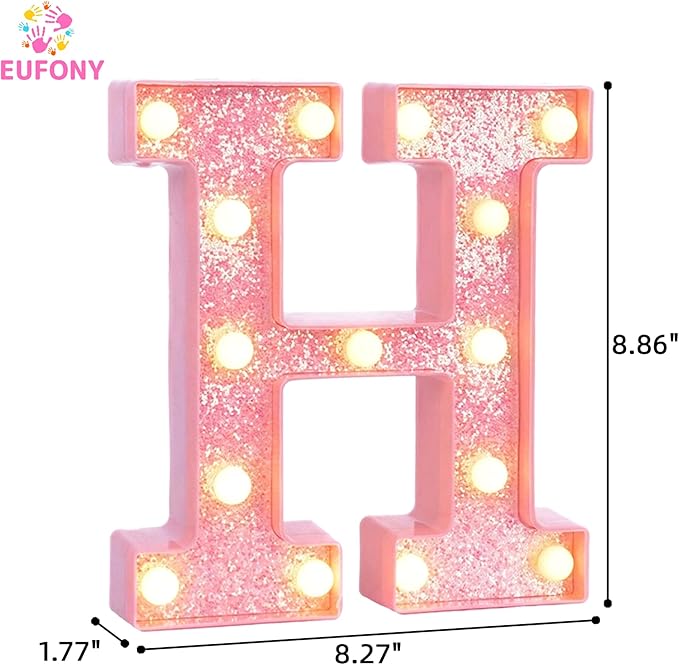Pink Marquee Light Up Letters, Glitter Alphabet LED Letter Lights for Pink Birthday Party Decorations, Battery Operated Letter Sign for Girls Room Vanity Table Decor, Warm White Lights Letter H