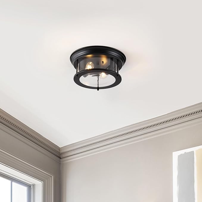 JONATHAN Y 13.25" Black 2-Light LED Flush Mount Ceiling Light Fixture, Modern Clear Glass Drum Shade, Industrial Farmhouse Lighting for Kitchen Hallway Bedroom (JYL7446D)