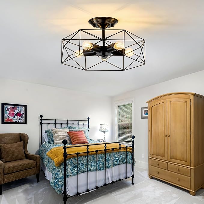 5-Light Farmhouse Semi Flush Mount Ceiling Light Fixture, Modern Black Ceiling Light, Industrial Close to Ceiling Light with Metal Hexagon Cage Ceiling Lamp for Kitchen, Hallway, Bathroom，closet
