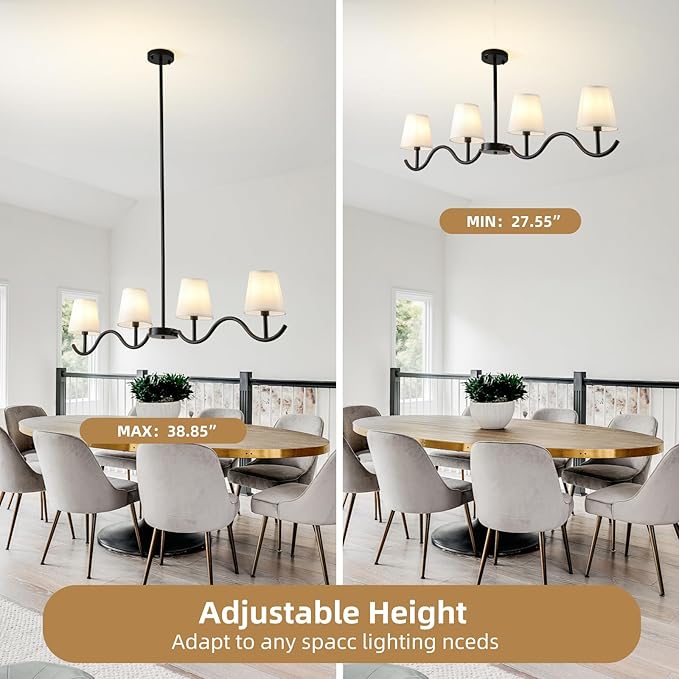 4-Light Linear Chandelier, 47"Black Farmhouse Light Fixture for Dining Room Kitchen Island, Modern Pendant Lighting with Fabric Shades, Adjustable Height Kitchen Island Light Fixture,E12 Base