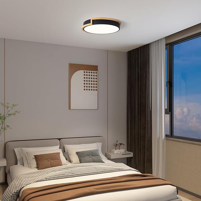 Modern Dimmable LED Flush Mount Ceiling Light Fixture,Round Close to Ceiling Lighting,Matte Black with Wood Accent,Minimalist Kitchen Light Fixtures for Bedroom,Entryway,Living Room,15.75in