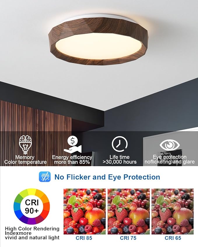 ANYLOVE 15 inch LED Flush Mount Ceiling Light Fixture,3000K 4000K 5000K Adjustable Ceiling Lights, Farmhouse Oak Wood Grain Ceiling Light for Bedroom Hallway Bathroom Kitchen