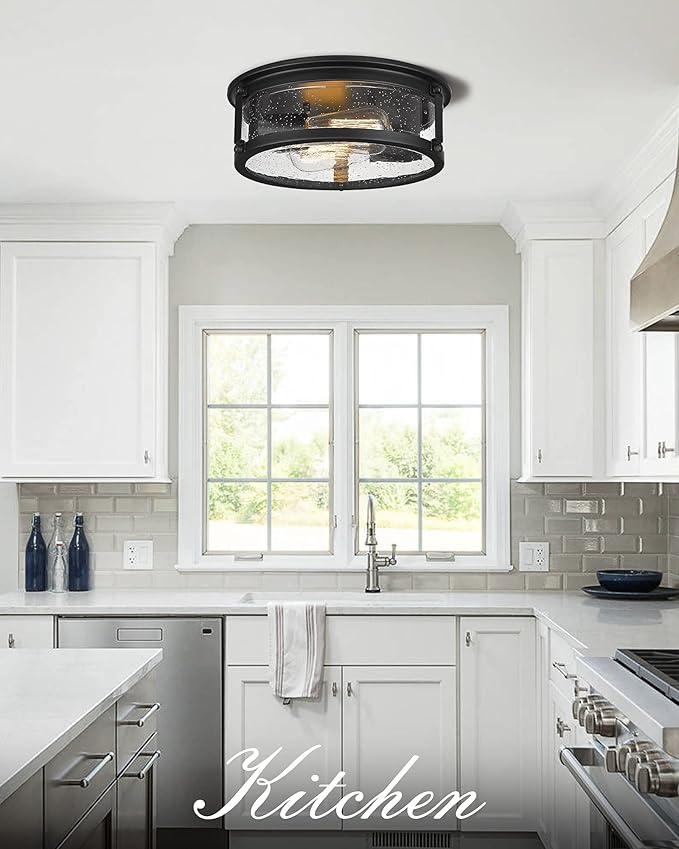 2-Light Flush Mount Light Fixtures，12inch Vintage Industrial Light Fixtures Ceiling Mount with Metal Cage for for Hallway Corridor Kitchen Bathroom Bedroom Passway - Black 2PK