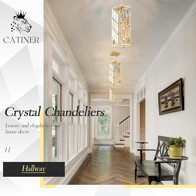 CATINER Gold Crystal Pendant Light 3 Pack, Mini Hanging Pendant Lighting Fixture with Adjustable Cord, Modern Gold Kitchen Island Pendant Lights for Dining Room, Bedroom, Hallway, E26 Base