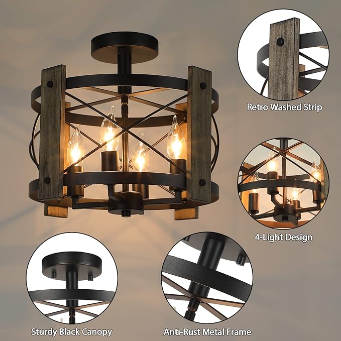 BrightHome Farmhouse Rustic Light Fixture Ceiling Mount, Semi Flush Mount Ceiling Light Fixture, 4-Light Black Industrial Retro Washed Ceiling Light for Kitchen Dining Room Bedroom Hallway Bathroom