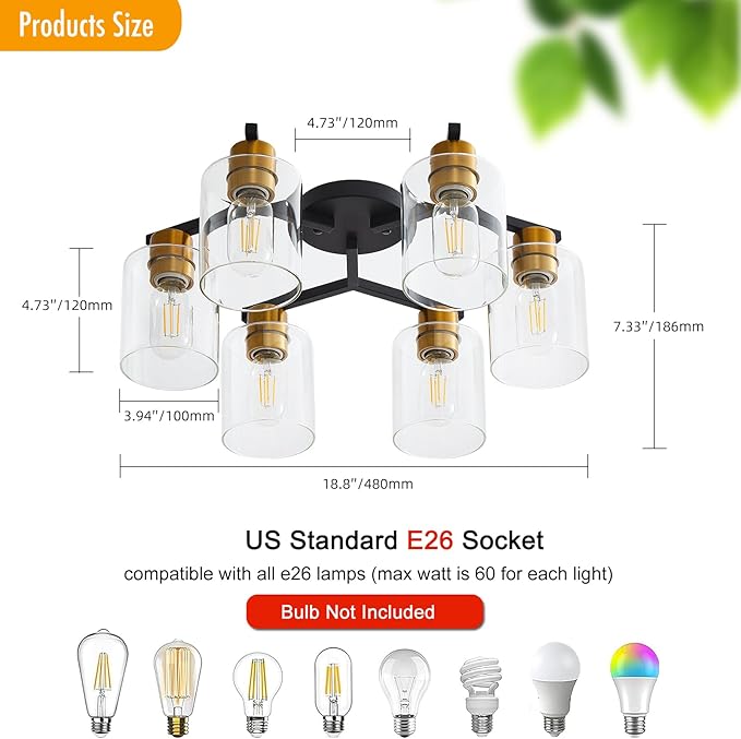 Black and Gold Semi Flush Mount Ceiling Light, 6 Light Vintage Kitchen Ceiling Lighting Fixtures, Large Ceiling Light Fixtures with Clear Glass Shade for Hallway, Living Room, Bedroom, Farmhouse
