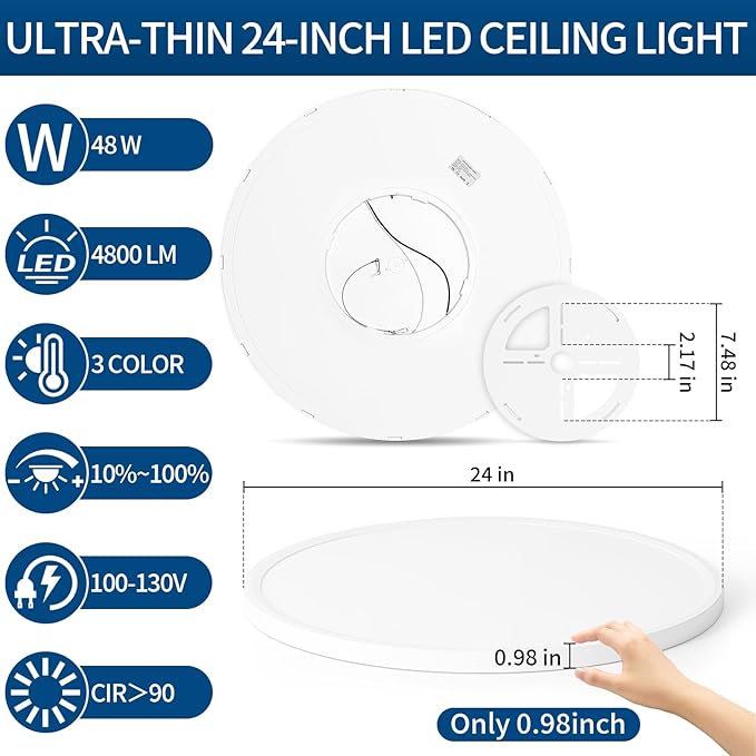 24 Inch Large Led Flush Mount Ceiling Light Fixture, Ultra Thin, Dimmable, 3000K/4500K/6000K, 48W, 4800LM, Modern, White, for Bedroom, Kitchen, Dining Room, Living Room, Home Office, Laundry Room