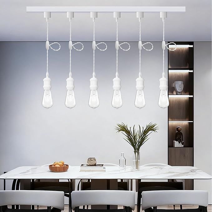 Universal H-Type Modern Pendant Track Lights Kit with 6 Bulbs,6-Pack White Track-Mounted Hanging Fixtures 4000K Natural Light Bulbs, E26 Socket for Kitchen Island and Dining Room