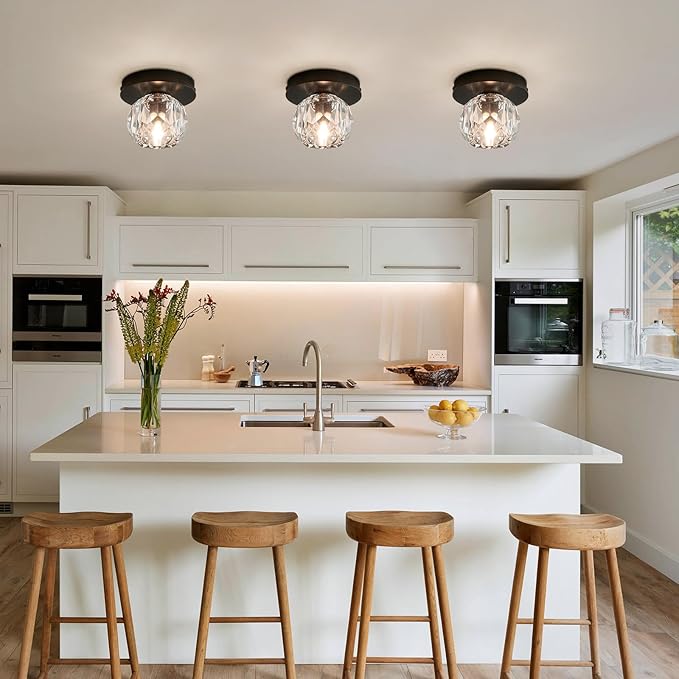 Crystal Small Chandelier Light Fixture: K9 Crystals Brass Semi Flush Mount Ceiling Lights - Black Globe Wall Sconce - Modern Mini Chandeliers for Bedroom Hallway Bathroom Living Room Entrance Closet