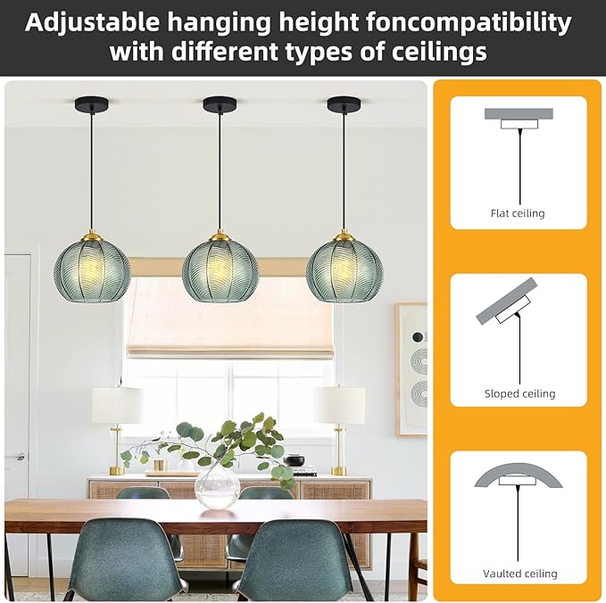 Mikeru 3-Pack Mint Glass Pendant Lights Kitchen Island Lighting Single Globe Pendant Light Fixtures Century Modern Kitchen Island Pendant Lighting for Bedroom Living Dining Room Light (Without Bulbs)