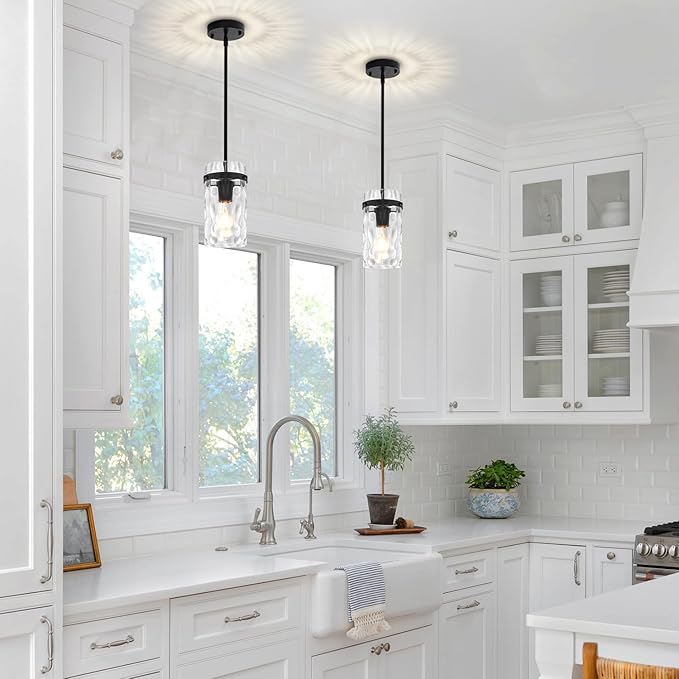 2 Pack Modern Pendant Lights Kitchen Island Black Pendant Lighting Over Island, Hand-Blown Glass Kitchen Hanging Pendant Lights Mini Chandelier for Dining Room Bedroom Hallway Bathroom Foyer Lighting