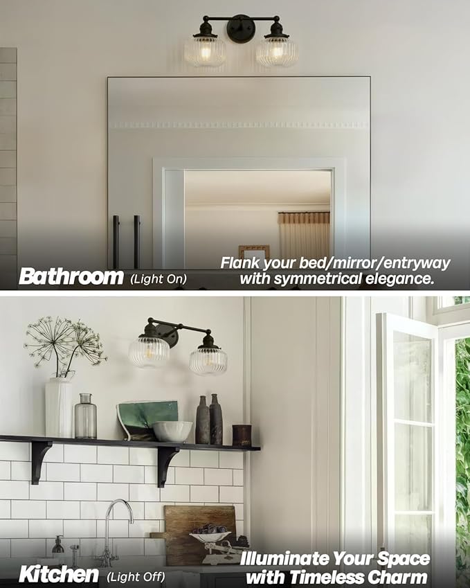 2-Lights Wall Sconces,Vintage Double Arm Black Bathroom Vanity Light with Clear Striped Glass Shade Hardwire Indoor Wall Sconce Lighting for Bathroom Living Room Bedroom Kitchen