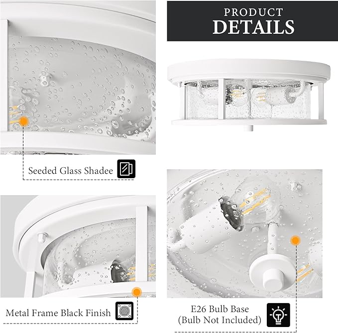 White Flush Mount Ceiling Light Fixture, 2-Light with Seeded Glass White Ceiling Light Fixture for Bedroom, Indoor Outdoor Ceiling Lights for Porch Hallway Kitchen