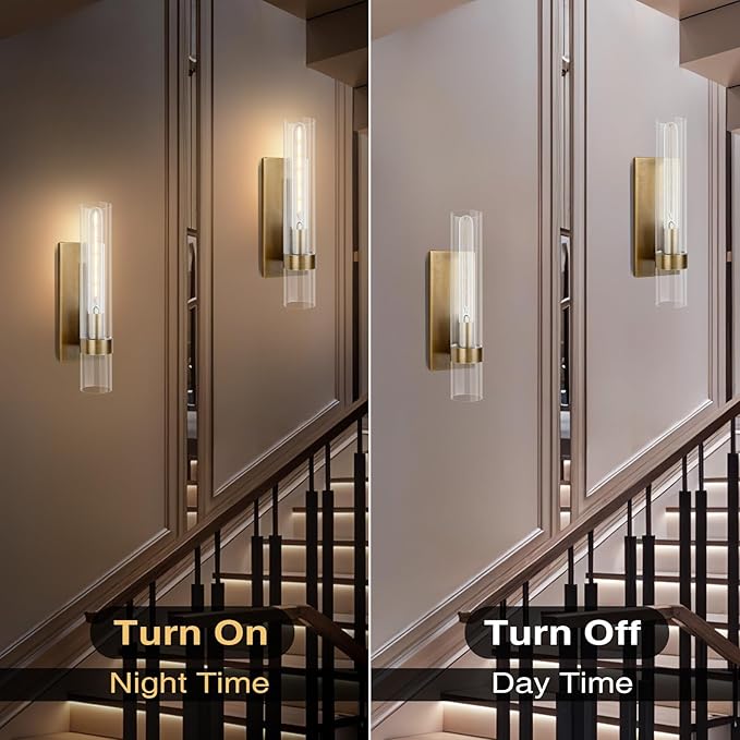18" Wall Sconces Set of 2, Gold Bathroom Vanity Light Fixtures with Clear Glass Tube, Modern Brass Lamp Lighting for Mirror, Bedroom, Living Room, Hallway, Staircase