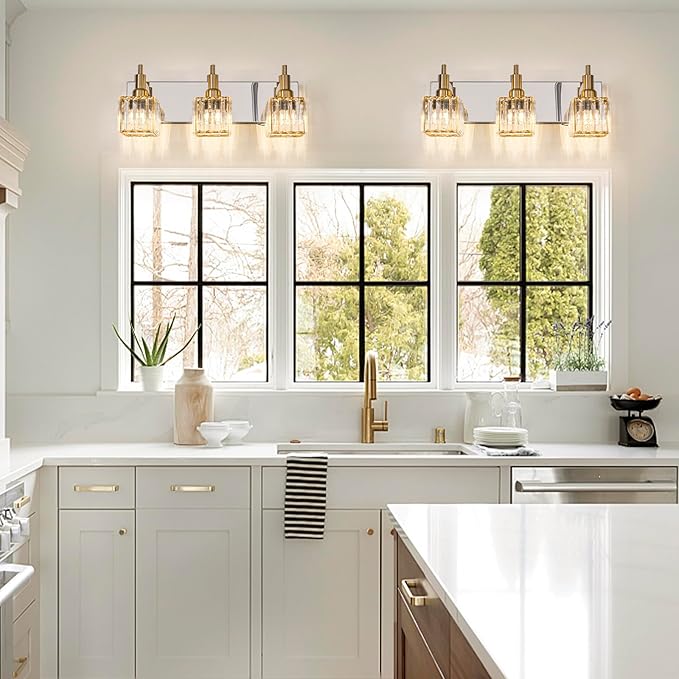Crystal Bathroom Vanity Light Gold Chrome 3-Light Modern Bathroom Lighting Fixtures Over Mirror Square Wall Sconce