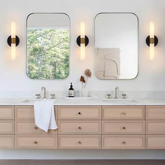 KUZZULL Wall Sconces Set of Two Black and Brass Lamp Sconces Lighting with White Glass Lights Wall Light Sconces Wall Decor Set of 2 for Living Room Wall Scones, Wall Lights