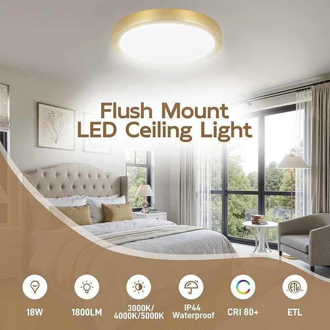 Hlite Dimmable 2pack 9 inch Flush Mount LED Ceiling Light Fixture,18W 1800LM Super Slim 3000K/4000K/5000K 3CCT Selectable,Dimmable Flush Mount Ceiling Light for Kitchen,Bedroom (Gold)