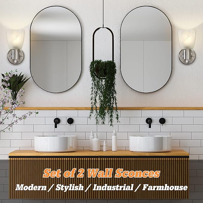 EJIAXIN Wall Sconces Set of 2, Brushed Nickel Vanity Lights for Bathroom, Modern Wall Light Fixtures with Rotary Switch, Wall Mount Light with Frosted Glass, Farmhouse Lamp for Bedroom Living Room