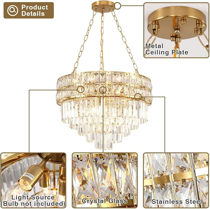 Modern Crystal Chandelier Gold Finish Light Fixture, Round Crystal Pendant Light Hanging Lamp, for Living Room, Dining Room, Restaurant, E12 x 11, Ø21.5 inch(V Shape)