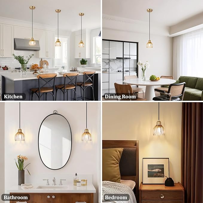 TALOYA Pendant Light with Amber Tulip Glass Lampshade, Brass Vintage Pendant Light Adjustable Hanging Light for Kitchen Island Bedroom Dining Room Hallway& Bar