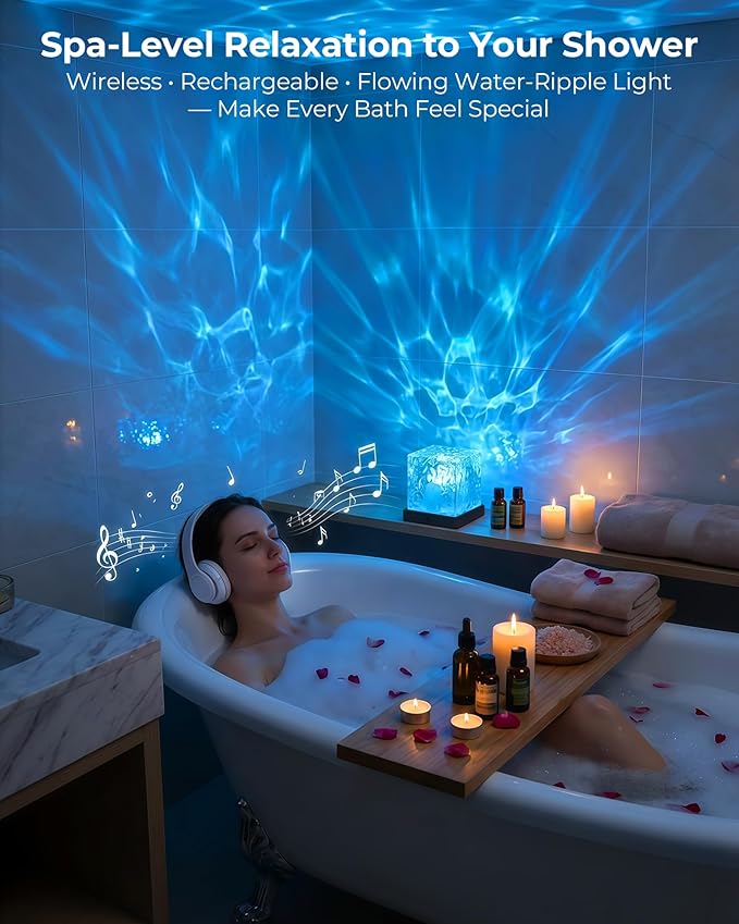 Rechargeable Shower Light Cube, 16 Colors Ocean Lamp, Waterproof Bathroom Mood Lighting, Ocean Wave Projector with Remote, Shower Mood Light, Bathtub Lights for Relaxing Spa, Bedroom Decor (Black)