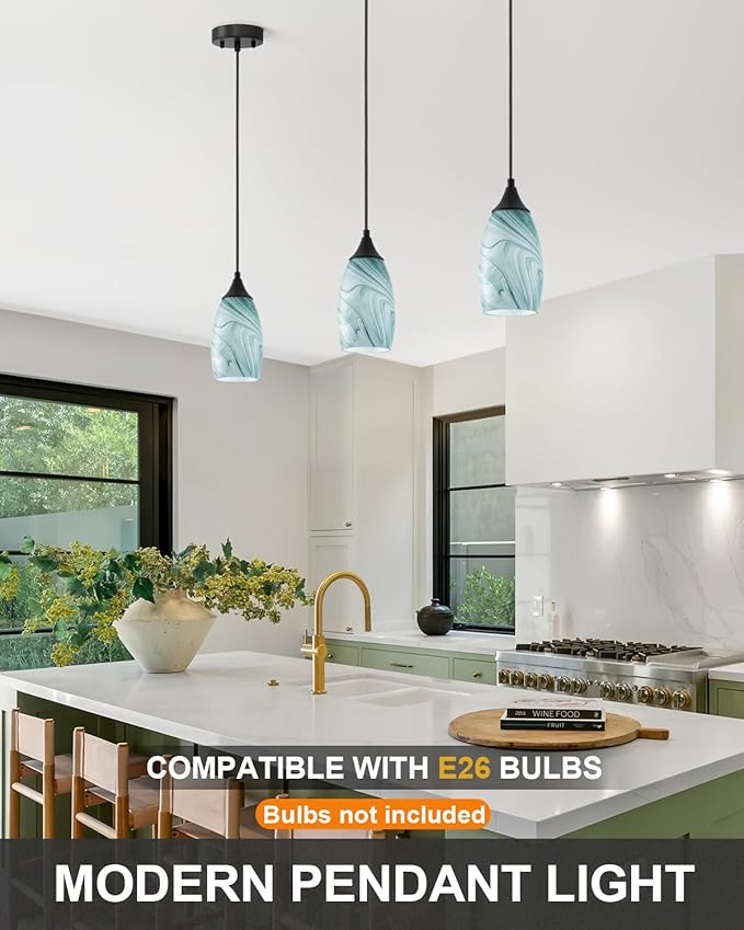 ANYLOVE Vintage Art White-Green Stripe Pendant Lighting,1-Pack Hand Glass Hanging Light Fixture,Adjustable Cord for Kitchen,Hallway,Dining Room