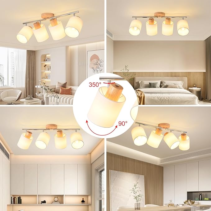 LED 4 Light Track Lighting Kit, Wooden Ceiling Spotlights with Fabric Shades, Modern Track Light Fixture with Flexibly Rotatable Light Heads for Kitchen, Living Room, Bedroom(E26 Socket, NO Bulb)