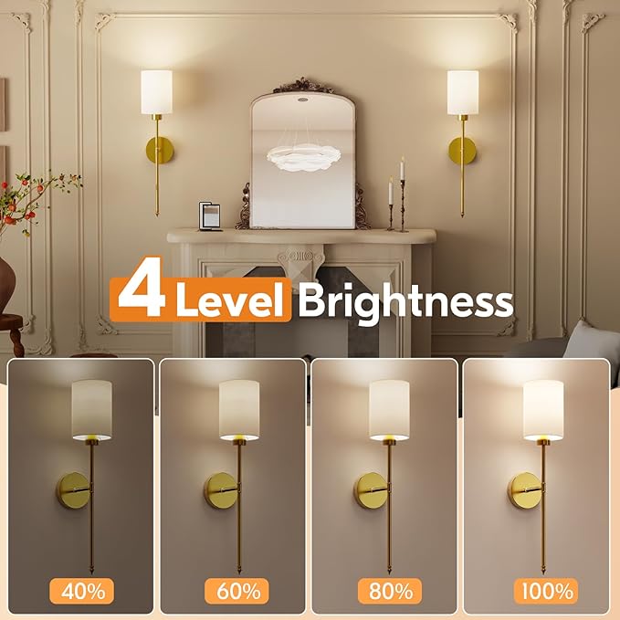 NIORSUN 24 inch Battery Operated Wall Sconce Set of 2, Gold Wireless Rechargeable Wall Lights with 5200mAh Dimmable Detachable Bulbs and Remote, 9 Colors Sconces Wall Decor for Bedroom Living Room
