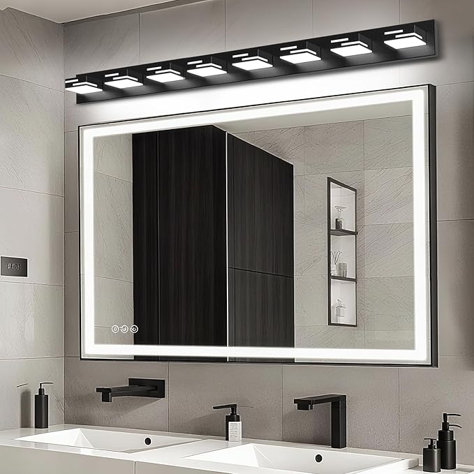 LED Modern Bathroom Vanity Light Fixtures, 8-Light 55-inch Dimmable Matte Black Vanity Lights for Bathroom Lighting Fixtures Over Mirror, with 360° Rotatable Acrylic Heads (Cool White 6000K)