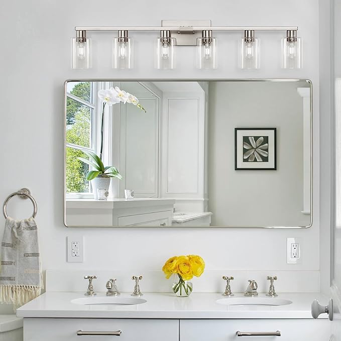 6 Light Bathroom Vanity Light,Vanity Light with Clear Glass Rust Proof Moisture-proof Easy to Clean 40"Brushed Nickel Bathroom Lighting Fixtures over Mirror Large Vanity Light for Bathroom Wall Sconce